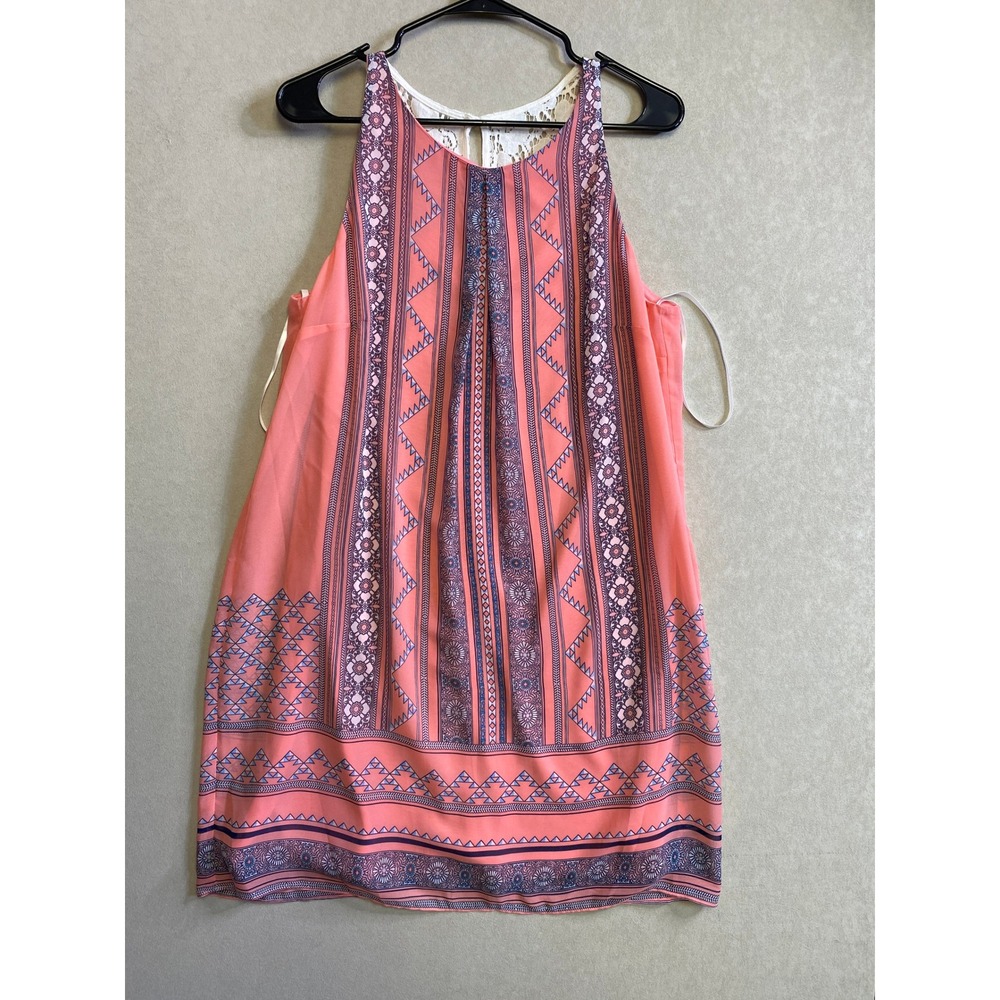 By & By Women XL Coral Pink Tribal Print Lace Back Sleeveless Shift Mini Dress
